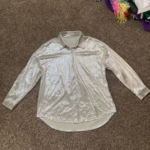 New Silver Button Down Shirt Blouse